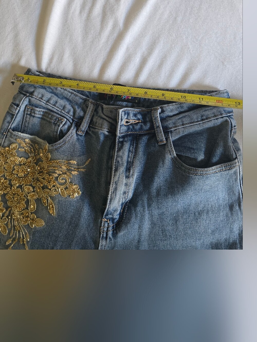 Embellished Light Blue High-Waist Wide-Leg Stretchy Jeans Size Small - Picture 12 of 13
